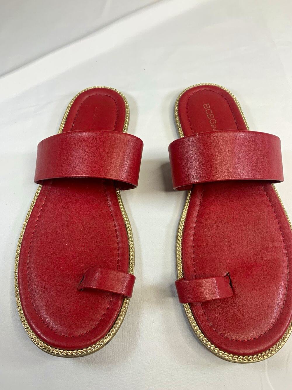 BCBGeneration Women's Slip-On Slide Sandals Red/Gold Logo Straps US 9 EU 40